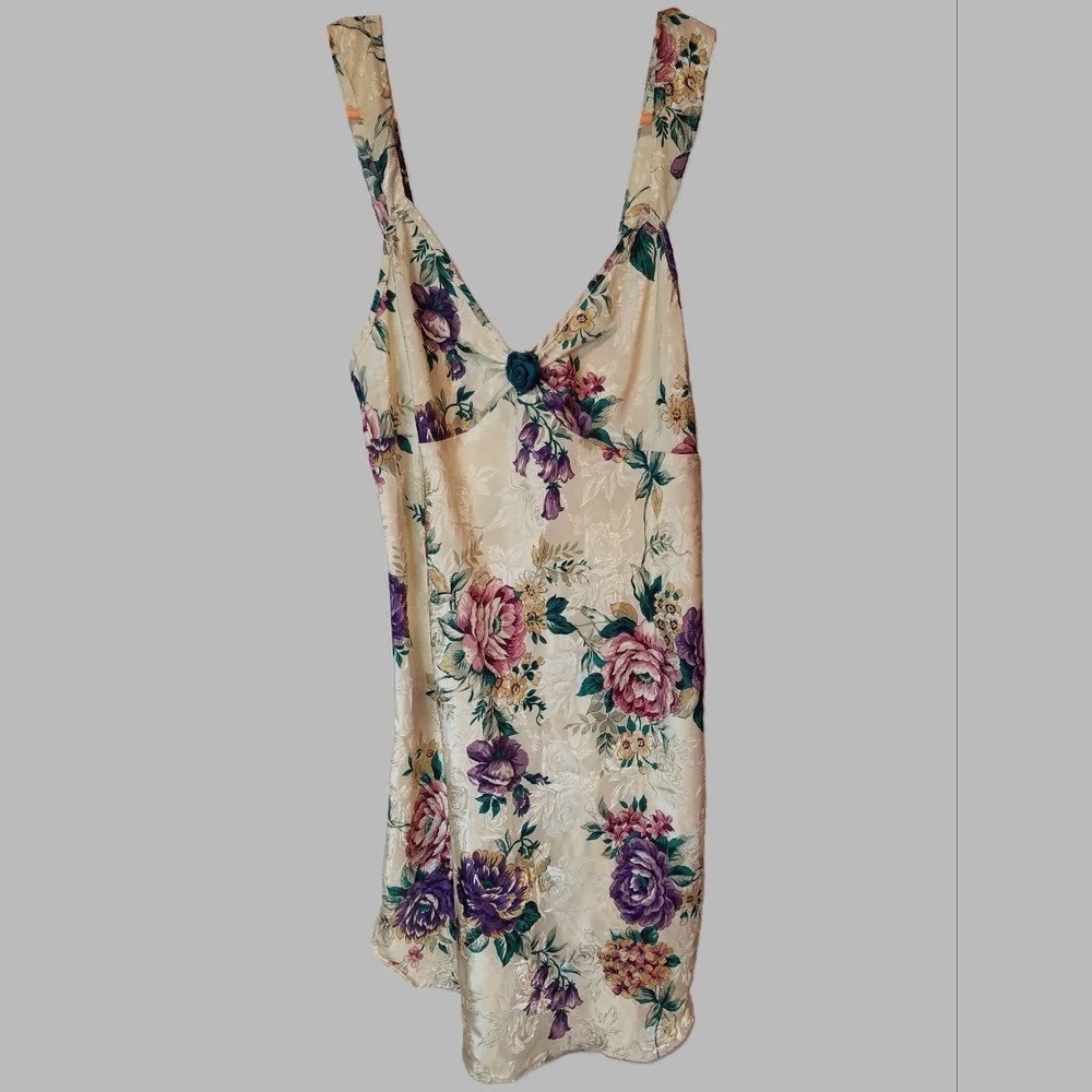 Adonna Champagne Floral Liquid Satin Chemise Nightgown Small Vintage 90s Y2K